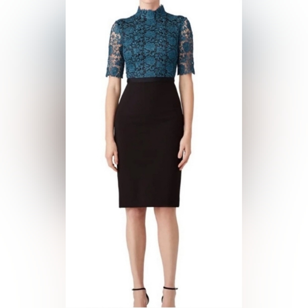 Catherine Deane Jena Teal black lace sheath dress